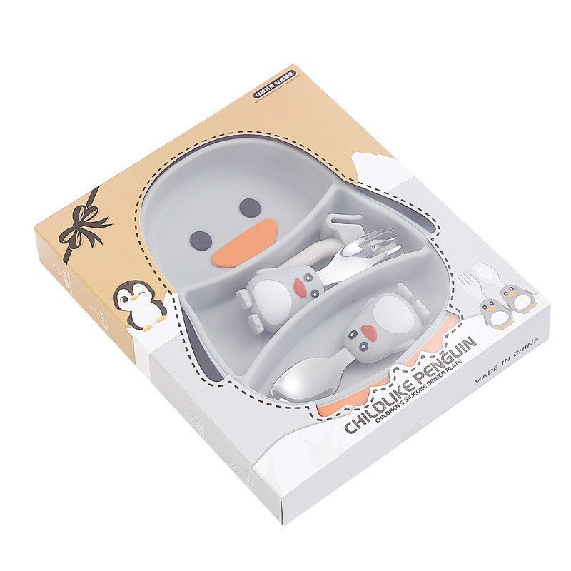 Set diversificare bebelusi Vivimall, din silicon, 23.5 x 12.5 cm, 1 farfurie compartimentata in forma de pinguin, lingurita si furculita, pai, perie pai, fara alergeni, ventuza fixare, forma creativa, gri - vivimall.ro