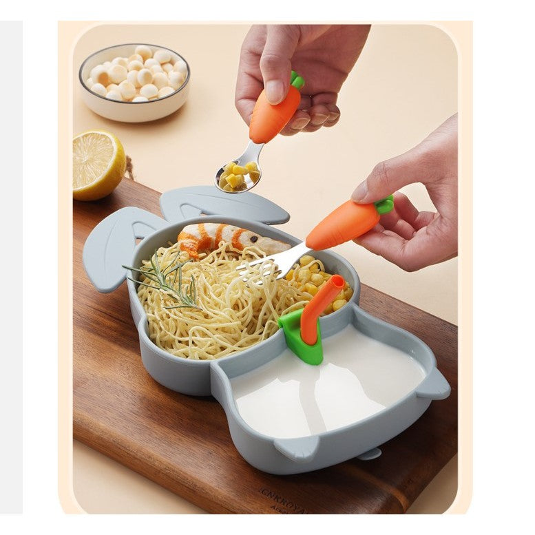 Set diversificare bebelusi Vivimall, din silicon, 26 x 15 cm, 1 farfurie compartimentata in forma de iepure, lingurita si furculita, pai, perie pai, fara alergeni, ventuza fixare, forma creativa, bleumarin - vivimall.ro