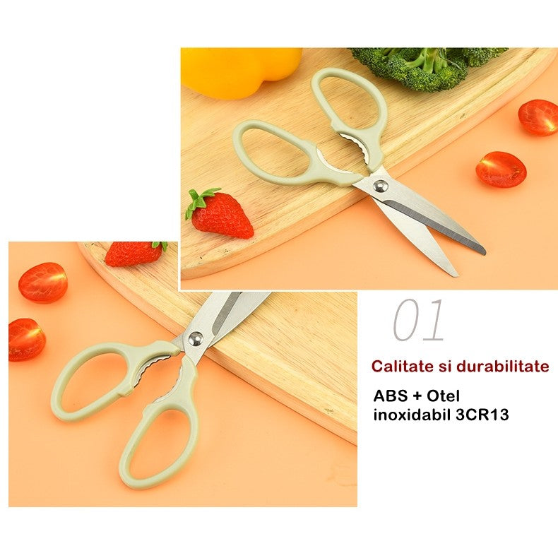 Set foarfeca pentru bucatarie Vivimall, curatator legume tip suport, multifunctional, spargator nuci, material ABS si otel inoxidabil, maner ergonomic, 16.8 x 7.8 x 1 cm, verde - vivimall.ro