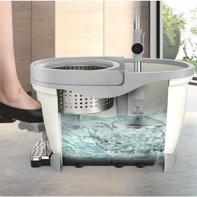 Set Găleată Cu Pedală, Și Mop Rotativ 360, Cu Acțiune Centrifugă, X4, Pentru Uz Casnic, Mâner Din Oțel Inoxidabil Telescopic, 2 Capete Din Bumbac, 46x30x28 cm, Alb-Ivoriu - vivimall.ro