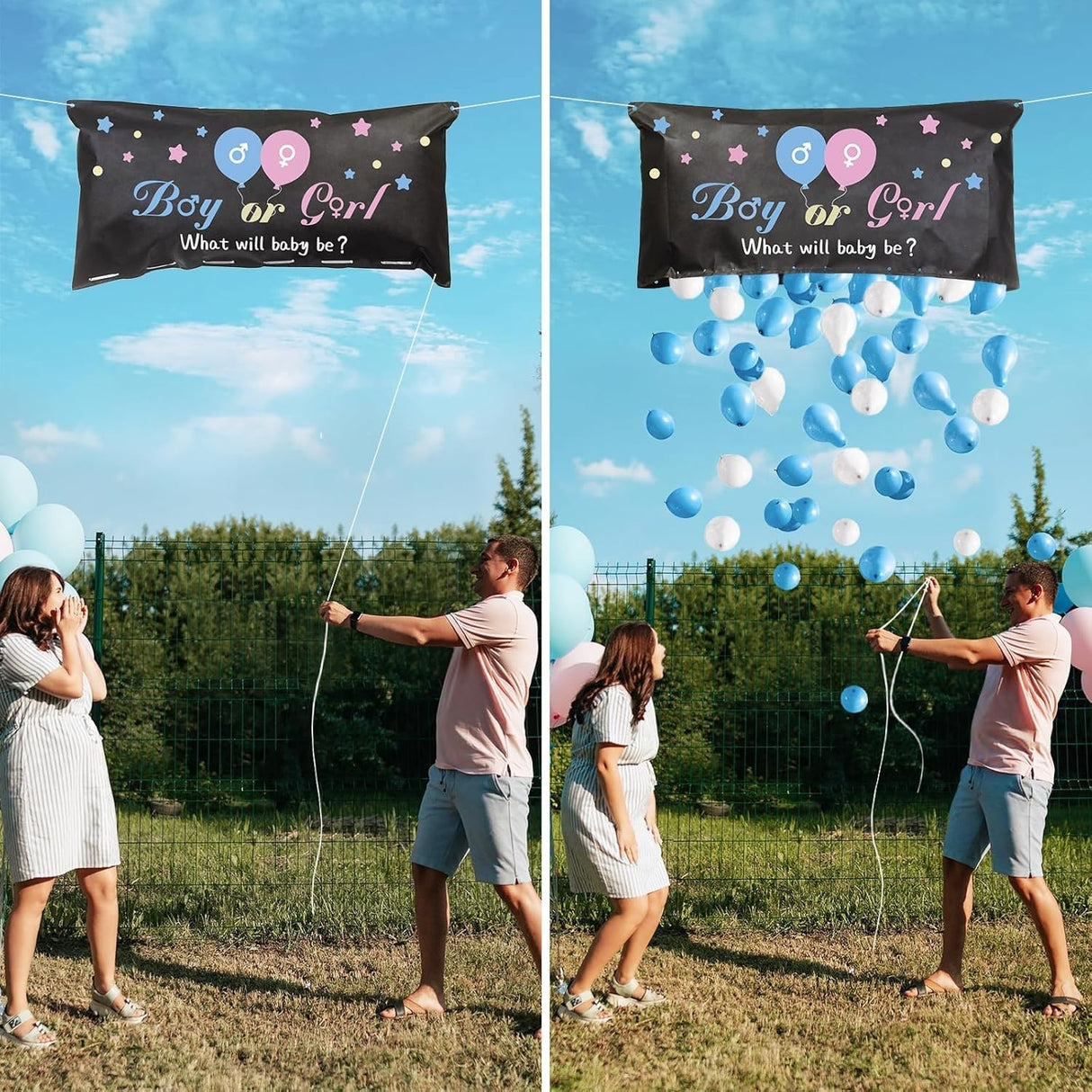 Set Gender Reveal, Vivimall, Balloon Drop Bag, din Plastic si Latex, 24 Baloane Roz si Albastru 13 cm, Sac pentru Baloane 60 x 120 cm, Multicolor - vivimall.ro