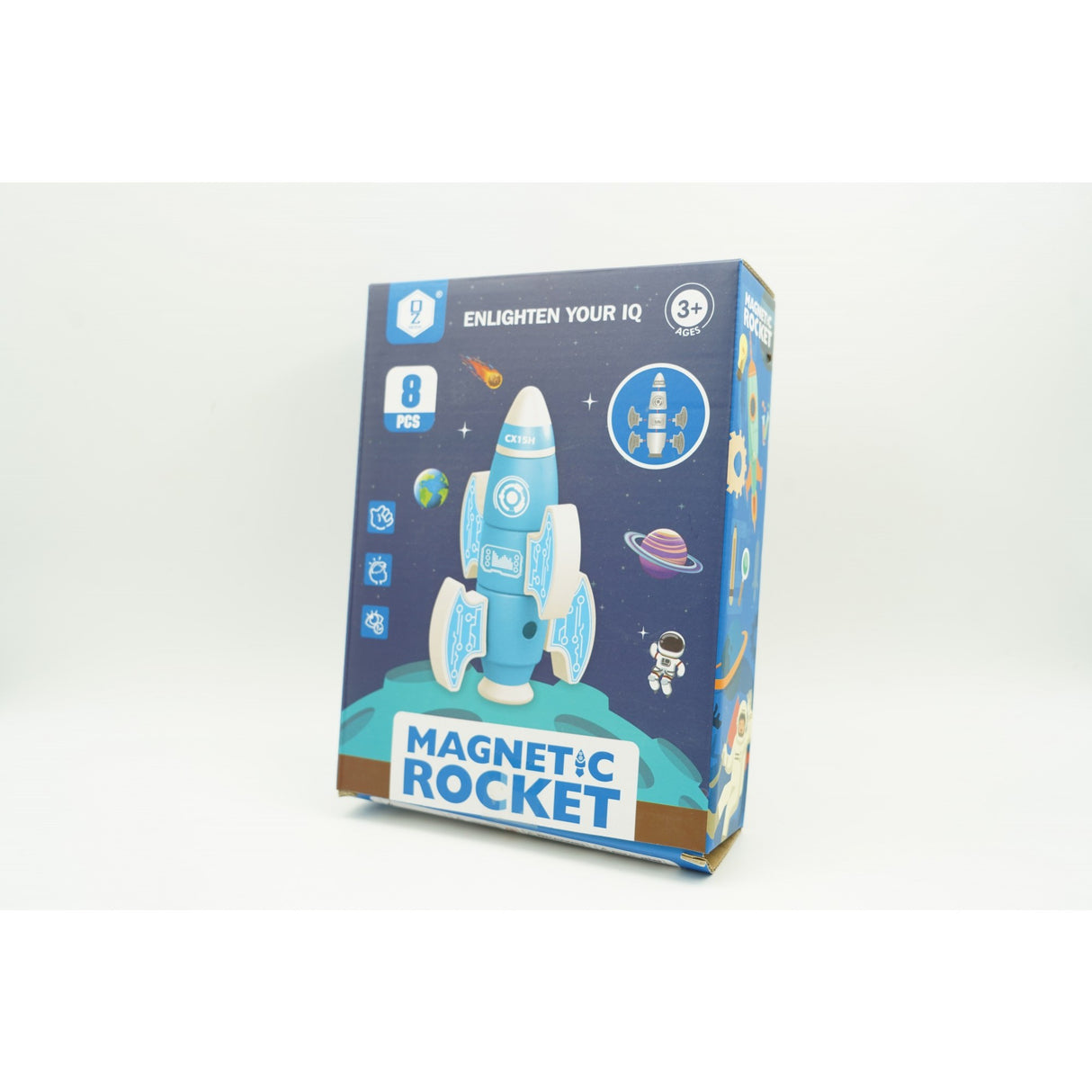 Set inteligent de blocuri magnetice pentru copii, 8 piese, cutie depozitare, racheta, albastru - vivimall.ro