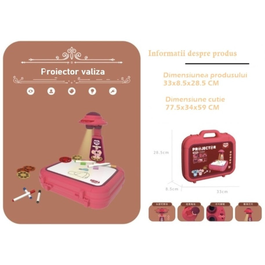 Set jucarie educativa proiector cu masa pentru desen, 48 de imagini, 6 discuri de proiectare, creioane colorate, cutie depozitare, +3 ani, Rosu - vivimall.ro