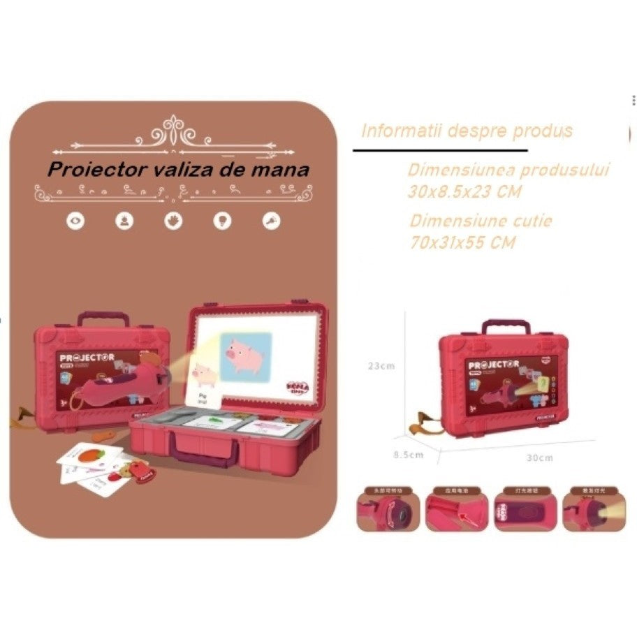 Set jucarie educativa proiector tip lanterna pentru copii, 48 de imagini,carti cu pictograme, cutie depozitare, +3 ani, Rosu - vivimall.ro