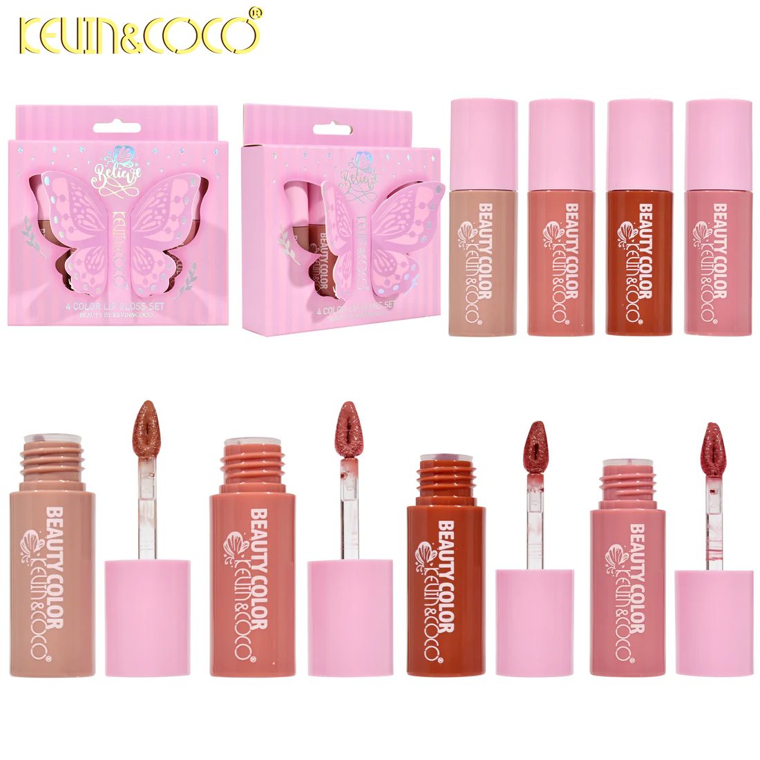 Set Luciu de Buze, Kevin&Coco, 4 Lip Gloss, Model Believe, Stralucire si Hidratare Intensa, 10x2.2x10.3 cm, 4x2.5 ml, Multicolor - vivimall.ro
