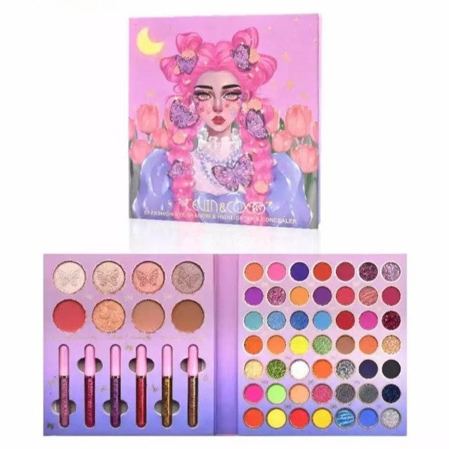 Комплект грим, палитра Kevin&Coco с 53 сенки за очи, хайлайтър, коректор и червила