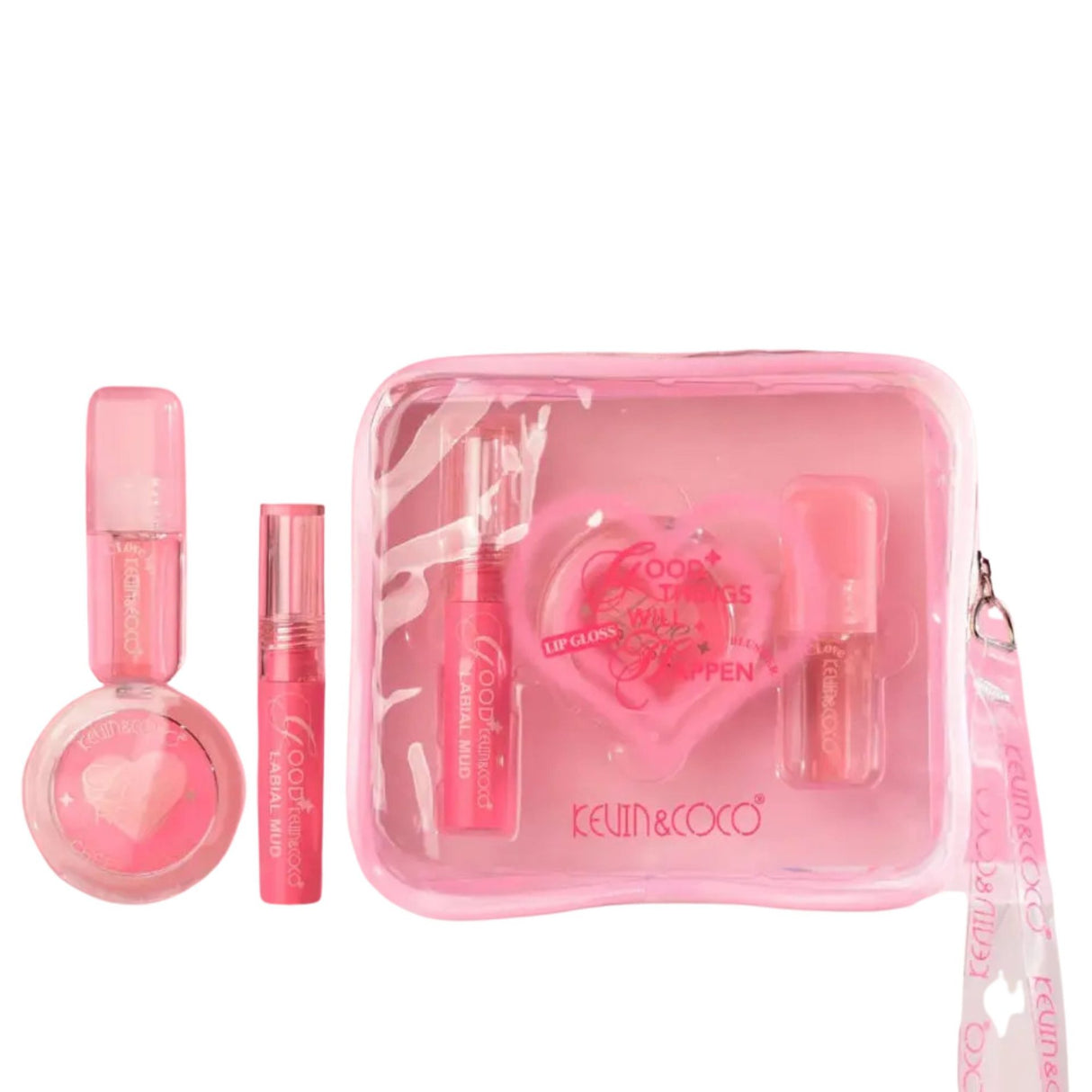 Set Machiaj Complet, Kevin&Coco, Trusa Machiaj Portabila, Mini Kit, 4 Articole Esentiale pentru Stralucire, Design Inima, Roz - vivimall.ro