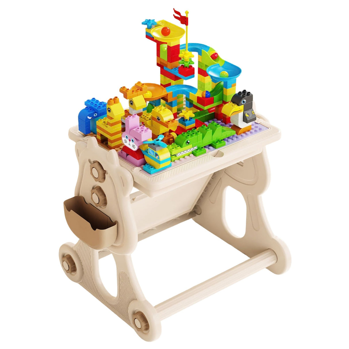 Detaliu suprafață construcție masă Flippy compatibilă piese LEGO Duplo, plastic rezistent, bej