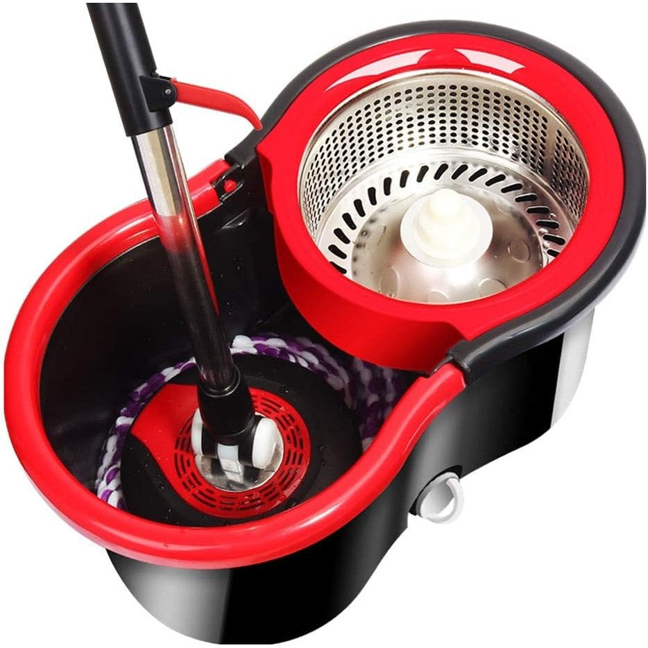 Set Mop Rotativ, Cu Găleată, Material Plastic Și Microfibră, Rezistent, Cu Dop Scurgere, Vas Detașabil, Pentru Interior, Capacitate 8 L, Negru-Roșu - vivimall.ro