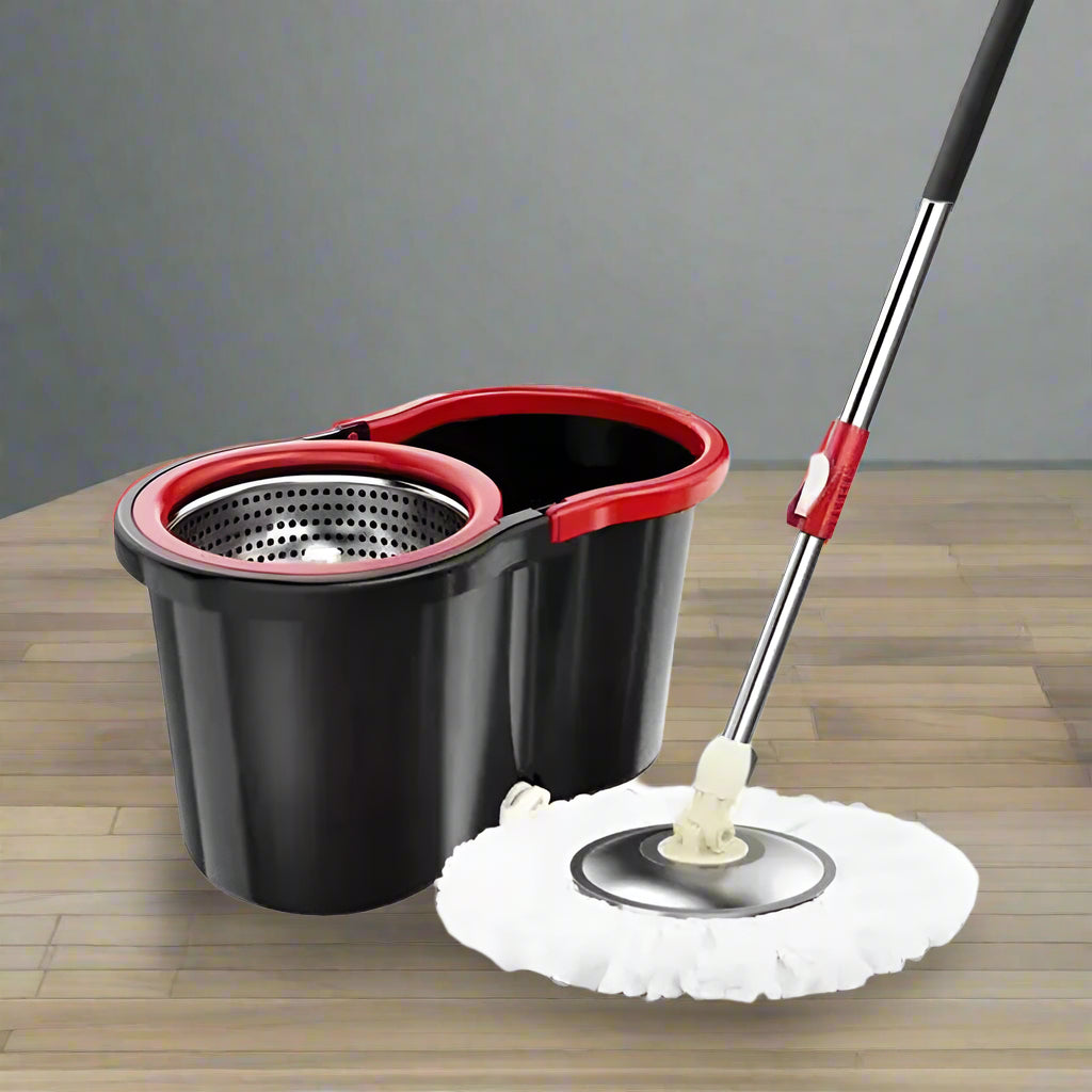 Set Mop Rotativ, Cu Găleată, Material Plastic Și Microfibră, Rezistent, Cu Dop Scurgere, Vas Detașabil, Pentru Interior, Capacitate 8 L, Negru-Roșu - vivimall.ro