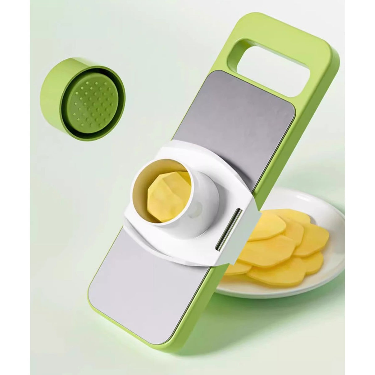 Set Multifunctional din 7 Piese, Vivimall, pentru Taierea si Maruntirea Legumelor, Uz Casnic,din Otel Inoxidabil, Gri-Verde - vivimall.ro