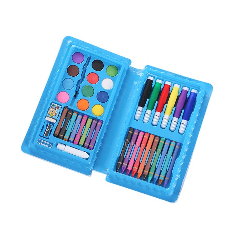 Set 42 piese pictură și desen în penar albastru model elefant, vedere frontală, dimensiuni 24.3x13 cm