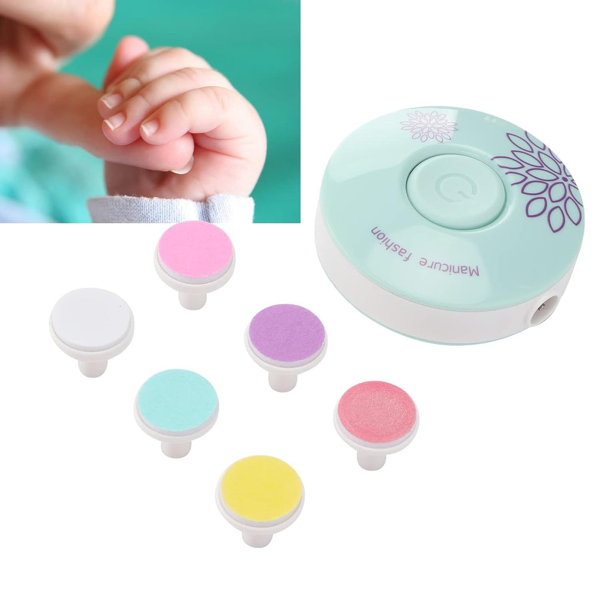 Set Pila Electrica pentru Copii si Bebelusi, Vivimall, ABS, Incarcare USB, Model cu Flori, 6 Accesorii, cu Lumina LED, Verde - vivimall.ro