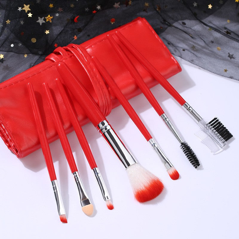 Set Portabil 7 Pensule De Machiaj Cu Husa Rosie - vivimall.ro