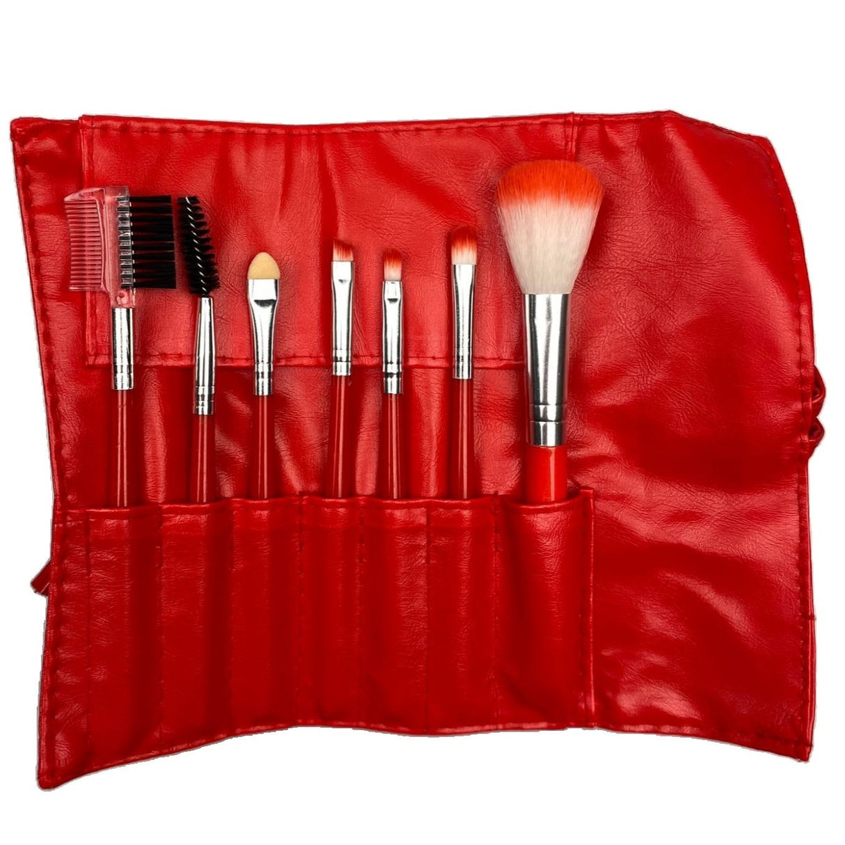 Преносим комплект от 7 четки за грим с червен калъф