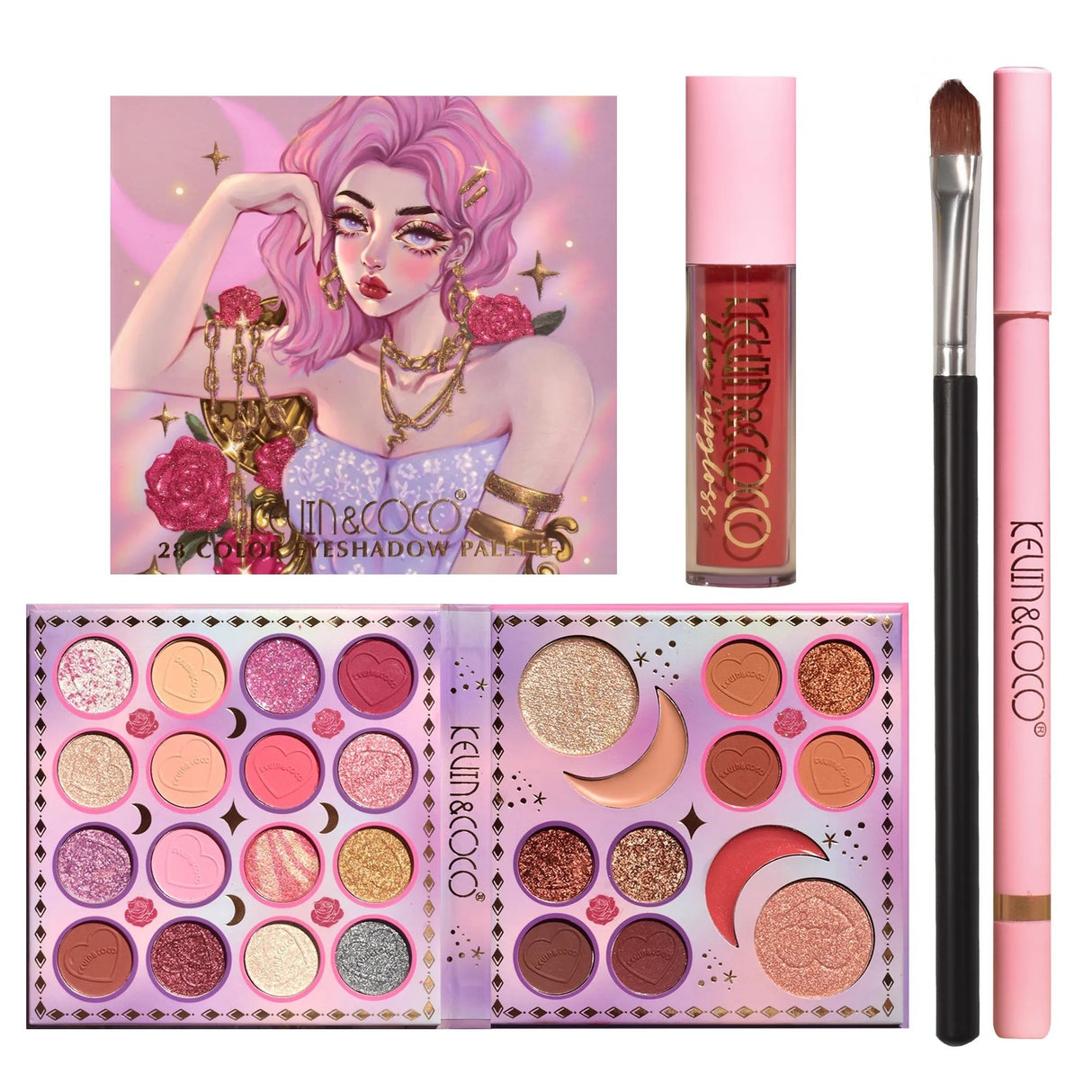 Kit Machiaj 28 Culori Ruj Pensula si Creion | VivaBeauty - vivimall.ro