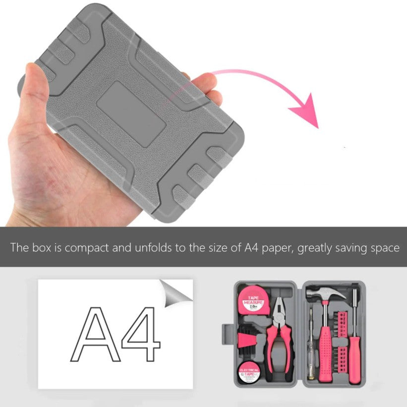 Set Scule 24 piese pentru Uz Casnic, Flippy, Instrumente Set in Trusa de Plastic Gri, din Plastic si Metal, 20 x 12.5 x 3 cm, Roz
