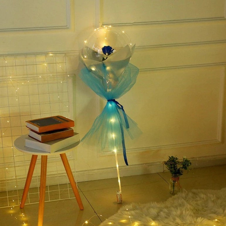 Set Trandafir in Balon LED cu Lumini, Vivimall, Tip Buchet, Diametru 35 cm, Albastru - vivimall.ro