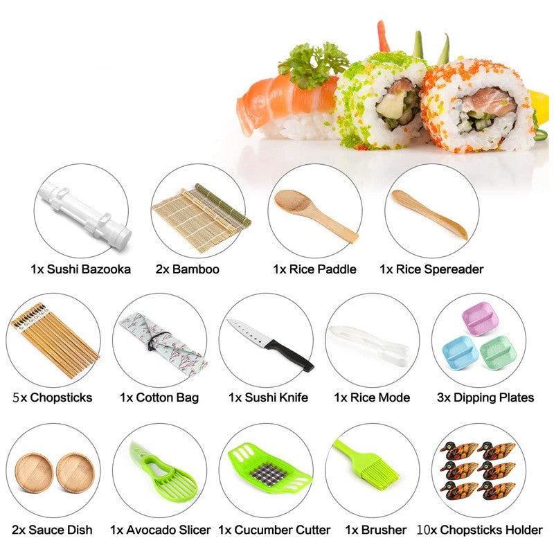 Set Ustensile pentru Sushi, Vivimall, Set din 31 Accesorii pentru Sushi, Set pentru Sushi HOME MADE, Cutit Inclus, Forme, Betisoare, Multicolor - vivimall.ro