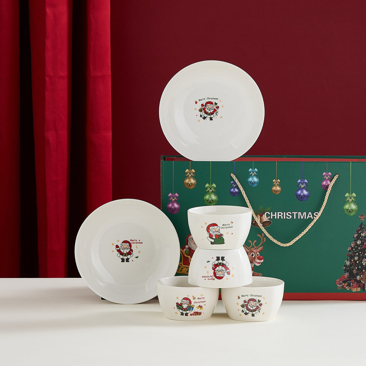 Set Vesela Festiva, Flippy, Tema Craciun, 4 x Boluri 300 ml, 2 x Farfurii 18 x 3.4 cm, din Ceramica, Model 3, Multicolor - vivimall.ro