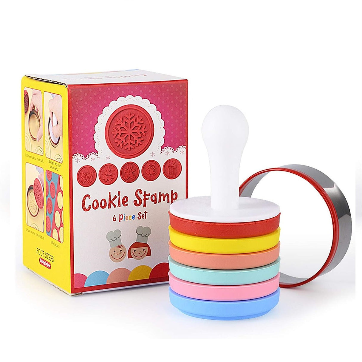 Set 6 stampile pentru prajituri Vivimall, tematica de Craciun, din silicon alimentar non-toxic, taietor aluat inclus, 6 cm, maner din plastic, compact, usor de depozitat, - vivimall.ro