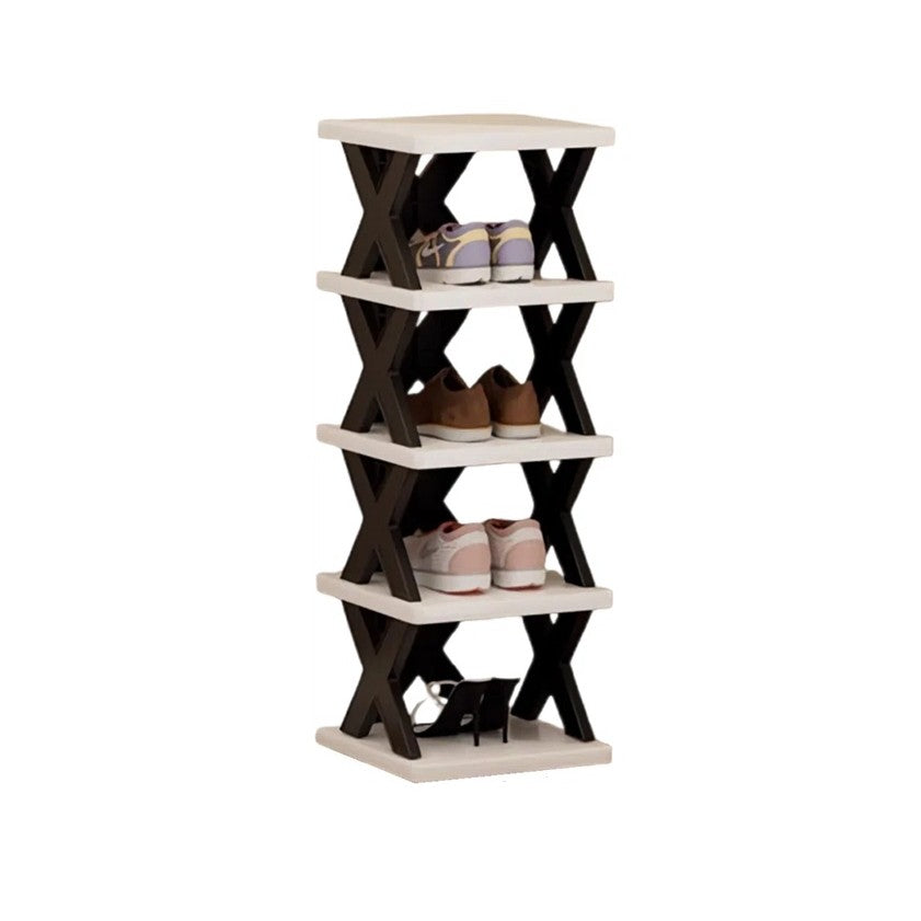 Raft pantofi modular Vivimall cu 5 straturi din ABS negru și alb, vedere frontală, dimensiuni 65.5x24x26 cm