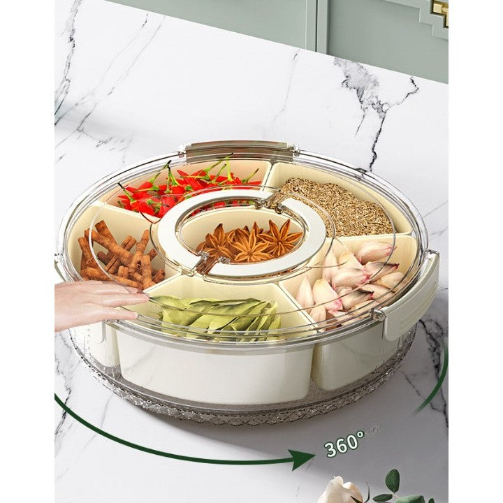 Cutie de Depozitare pentru Alimente, Vivimall, cu 6 Compartimente, pentru Condimente, Fructe, Legume, cu Manere de Prindere, Rotativa 360 de Grade, Inchidere Ermetica, 32x8 cm, Alba - vivimall.ro