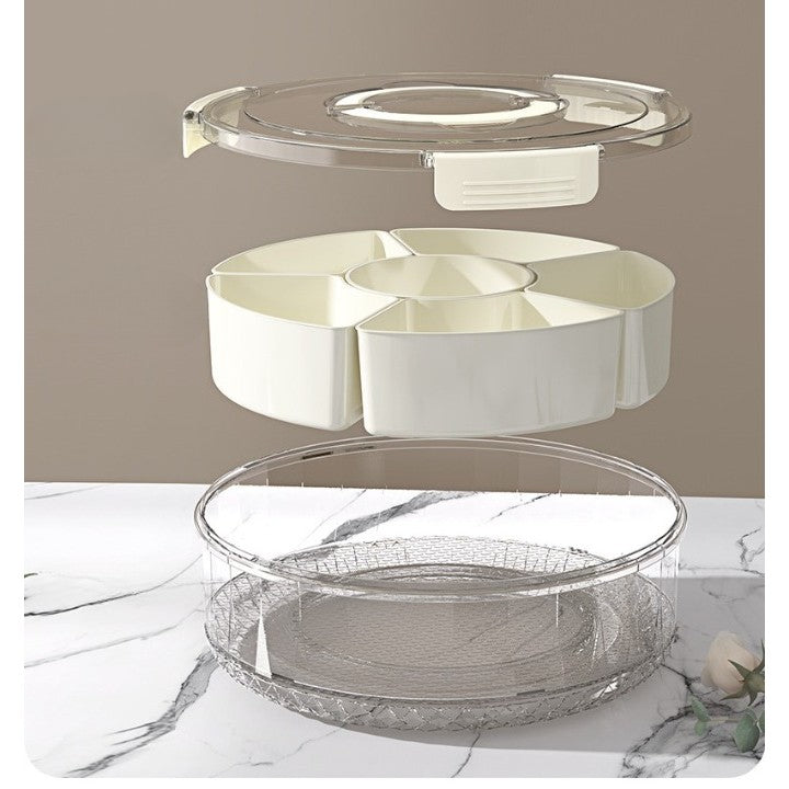 Cutie de Depozitare pentru Alimente, Vivimall, cu 6 Compartimente, pentru Condimente, Fructe, Legume, cu Manere de Prindere, Rotativa 360 de Grade, Inchidere Ermetica, 32x8 cm, Alba - vivimall.ro