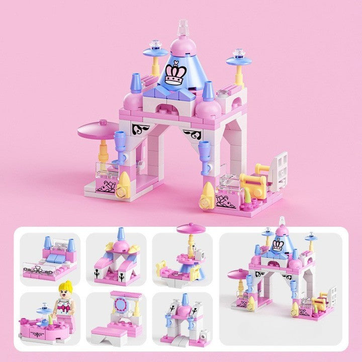 Detaliu piese de construcție multicolor din setul Mini Grădina Prințesei 6 în 1