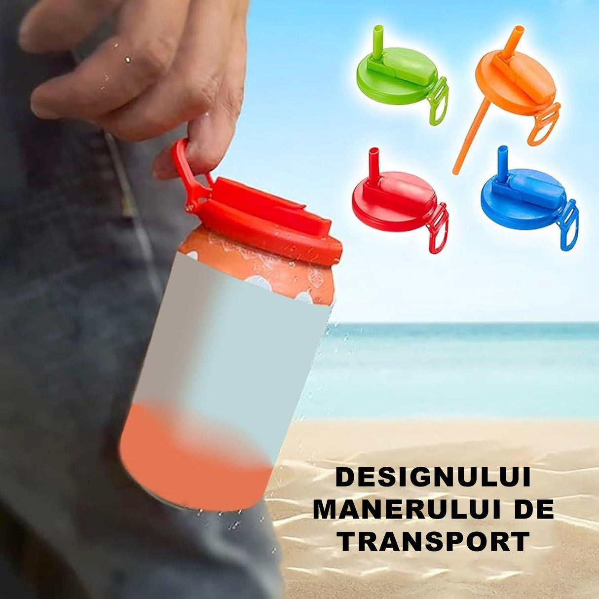 Capac Anti Varsare pentru Doze, Flippy, Model cu Pai Transparent, Reutilizabil, din Plastic, cu Maner Transportabil, 5.4 cm, Gri - vivimall.ro