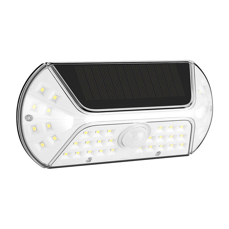 Aplica solara LED SMD pentru perete Vivimall, cu senzor de miscare, dreptunghiulara, IP44, luminozitate mare 40 LED-uri, 3.7V, 1200mah, autonomie 8 ore, 19.2 x 8.9 cm, alb rece - vivimall.ro
