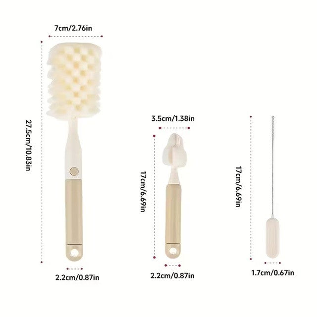 Set 3 Perii de Spalat Biberoane, Vivimall, pentru Tetina, Biberon, Pai, Materiale Sigure, fara BPA, Curatare 360°, Bej - vivimall.ro