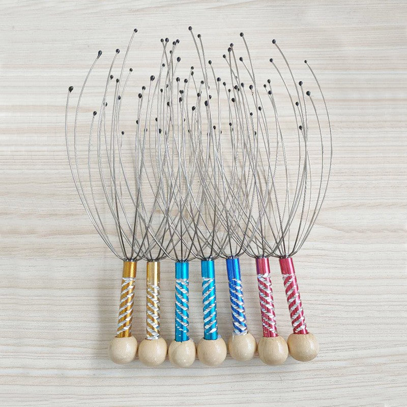 Dispozitiv Masaj Capilar, Flippy, Tip Caracatita, 12 Brate din Otel Inoxidabil, Maner din Lemn, Stimulare Circulatie Sanguina, Accelerarea Cresterii Parului, Anti-Stres, Multicolor - vivimall.ro