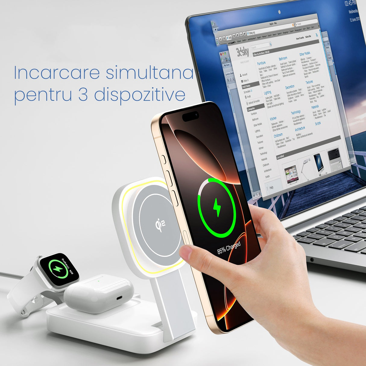 Statie de Incarcare MagSafe 3 in 1, Vivimall, Magnetica Wireles Charger, Compatibil cu Apple iPhone, iWatch, AirPods, New Design, Max 23W, 11 x 6.5 x 2.9 cm Alb Ivory - vivimall.ro