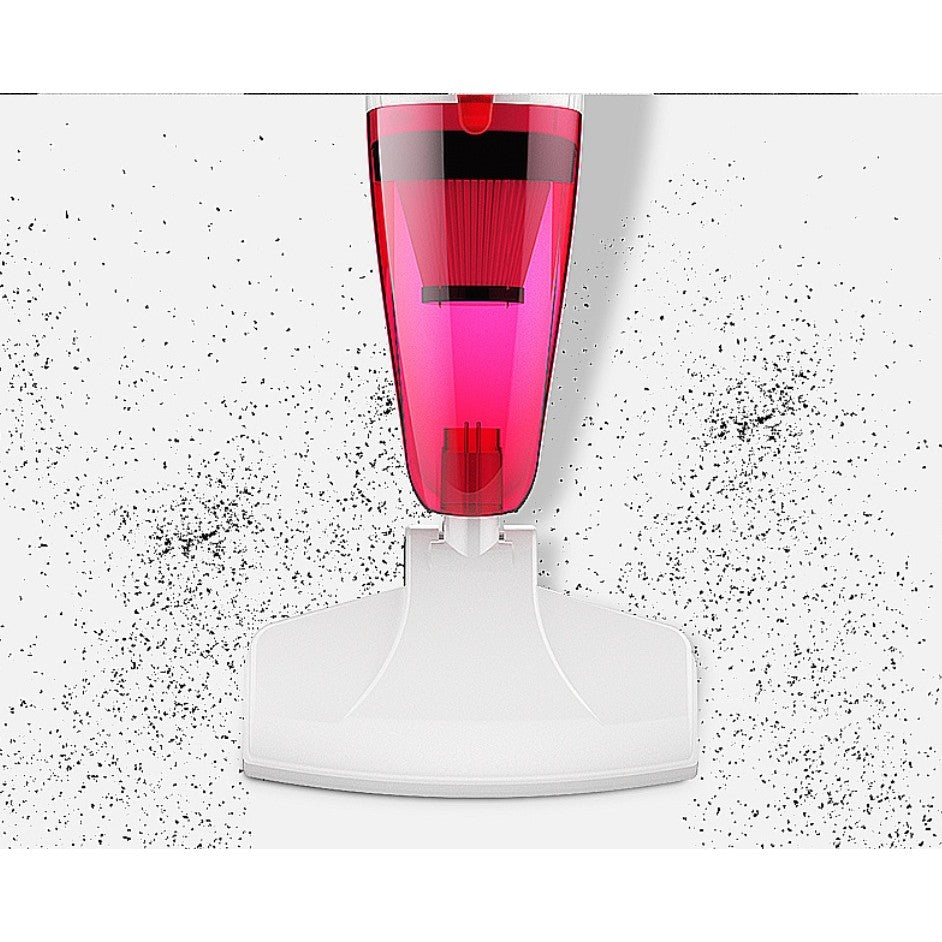 Aspirator vertical 2în1 roșu depozitat compact lângă perete, vedere de ansamblu lifestyle