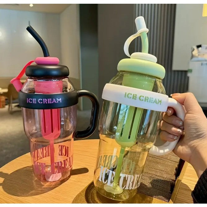 Sticla de Apa, Vivimall, Termica, Mentinere 6 Ore, 1400 mL, cu Pai si Capac, PP si Silicon, cu Maner Negru, 25.5x7.5 cm, Roz - vivimall.ro