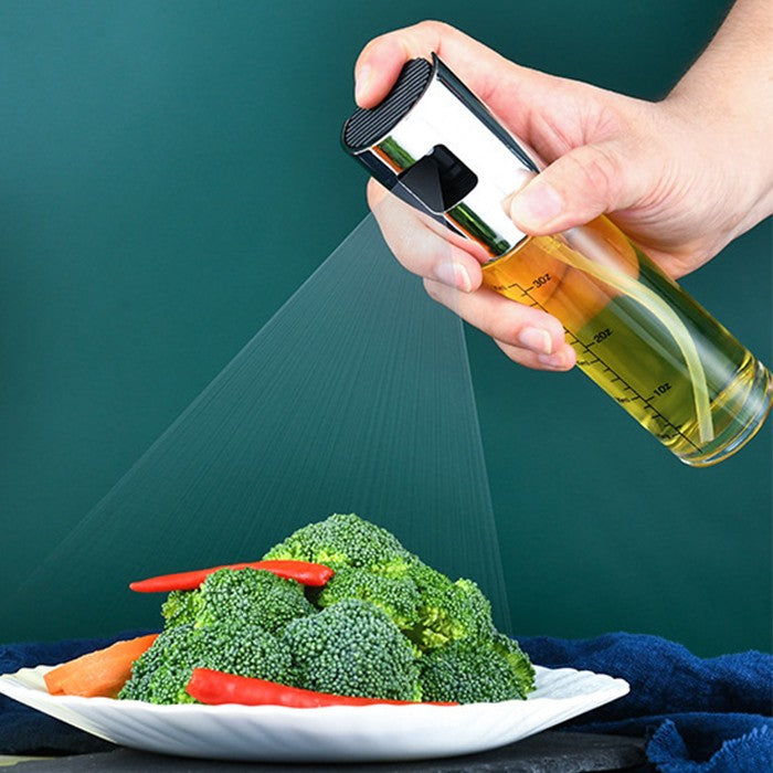 Sticla Pulverizator pentru Bucatariei, Vivimall, Spray pentru Gratar, din Sticla cu Capac din Inox, 18 x 4.2 cm, volum 100 ml, Trasnparenta cu Capac Gri - vivimall.ro