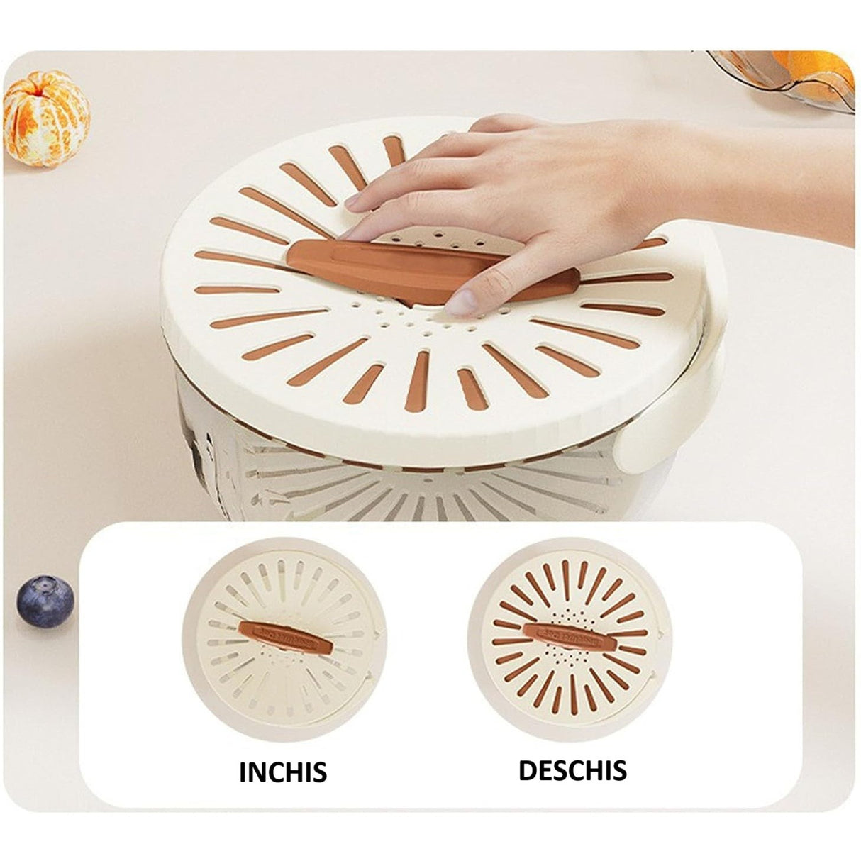 Strecuratoare 2 in 1 pentru Fructe si Legume, Vivimall, Cos de Scurgere si Cutie de Depozitare, 15.5 x 8.3 cm, din PP, cu Maner si Capac, Maro - vivimall.ro