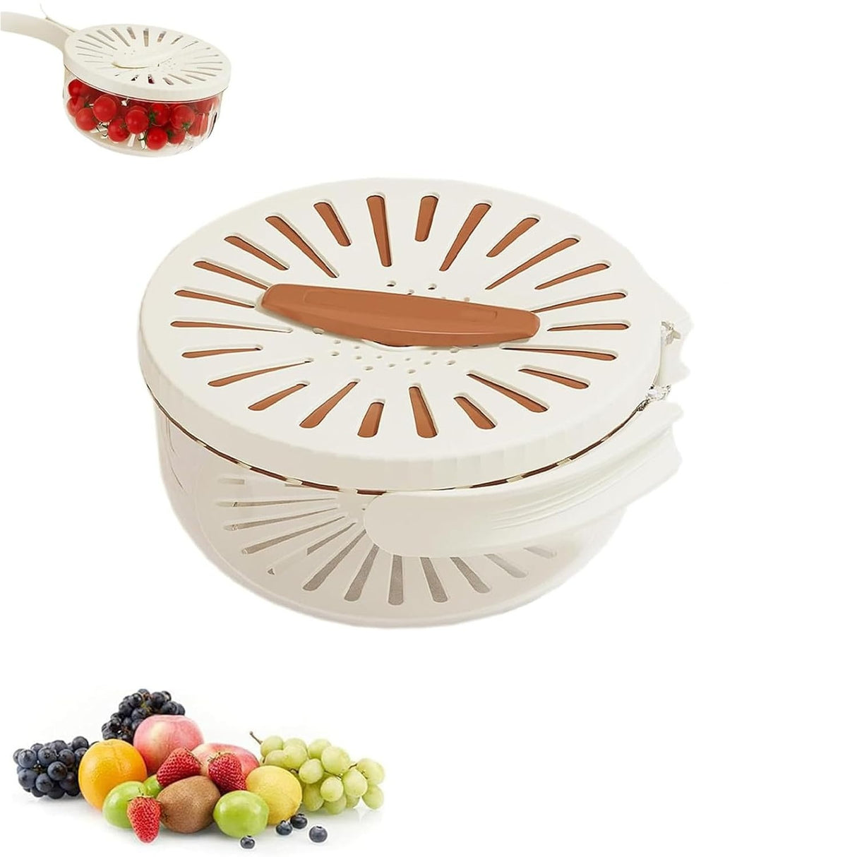 Strecuratoare 2 in 1 pentru Fructe si Legume, Vivimall, Cos de Scurgere si Cutie de Depozitare, 15.5 x 8.3 cm, din PP, cu Maner si Capac, Maro - vivimall.ro