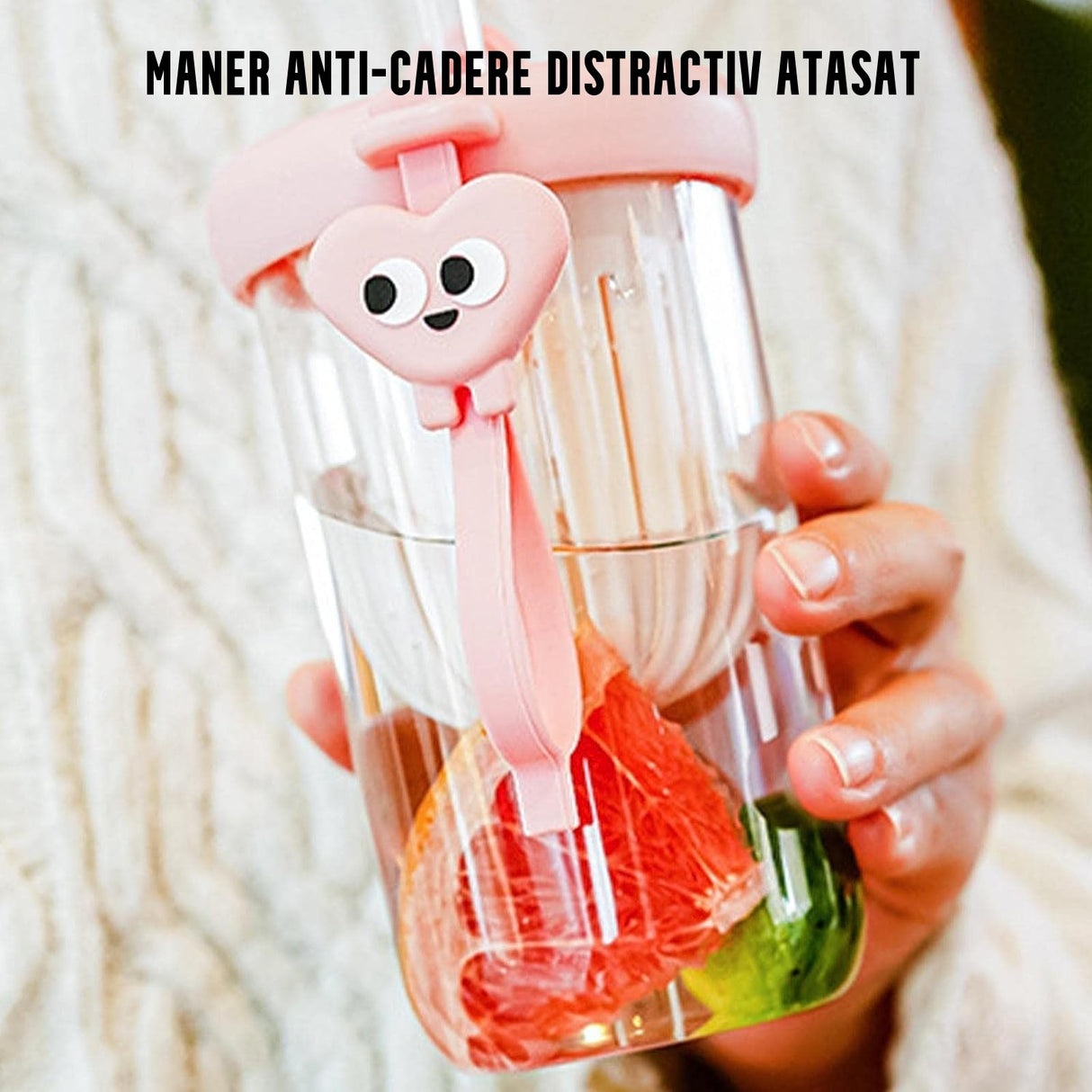 Pahar din silicon, cu capac si pai, pentru copii, Vivimall, anti-cadere, compartiment pentru fructe/ceai/gheata, rezistent la temperaturi inalte, 500ml, Roz, 14.5x8.8x20 cm - vivimall.ro