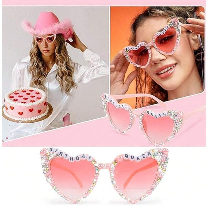 Ochelari Decorativi, Vivimall, Model Birthday Queen, cu Diamante, pentru Aniversari, din PC, 15.3 x 5.7 x 14.5 cm, Roz - vivimall.ro