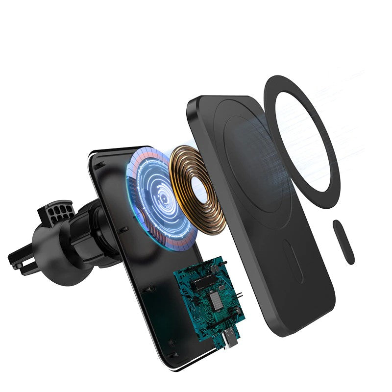 Suport auto cu incarcare wireless tip Magsafe 15W, Flippy, compatibil iPhone, Negru - vivimall.ro