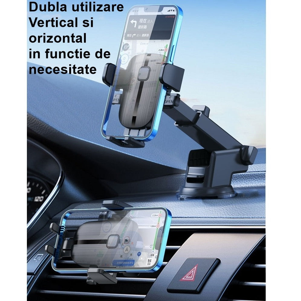 Suport Auto Telefon Flippy, Prindere Grila Ventilatie, Tija Fixare Reglabila, Rotativ 90 grade, Design Modern, Detalii Fine, Material Plastic si Silicon, 11 x 8.5 cm, Model 3, Negru - vivimall.ro