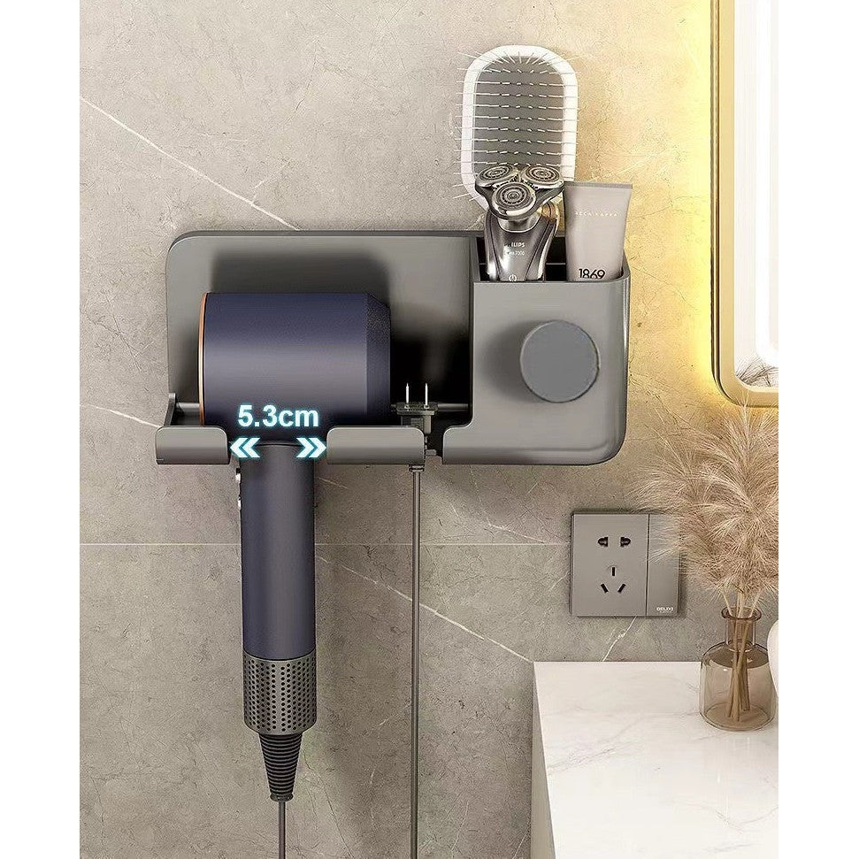 Suport de Baie, Vivimall, pentru Uscator de Par, cu Organizator Dublu, din Plastic, Aplicare cu Suport Adeziv, 23 x 8.8 x 9.5 cm, Gri - vivimall.ro