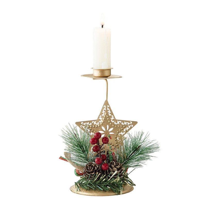 Suport Decorativ pentru Lumanare de Craciun, Flippy, Ornament pentru Lumanare, Model Stea Aurie cu Crengute de Brad, din Art Metal, pentru Masa, fara Lumanare 15 x 8 cm, Auriu - vivimall.ro