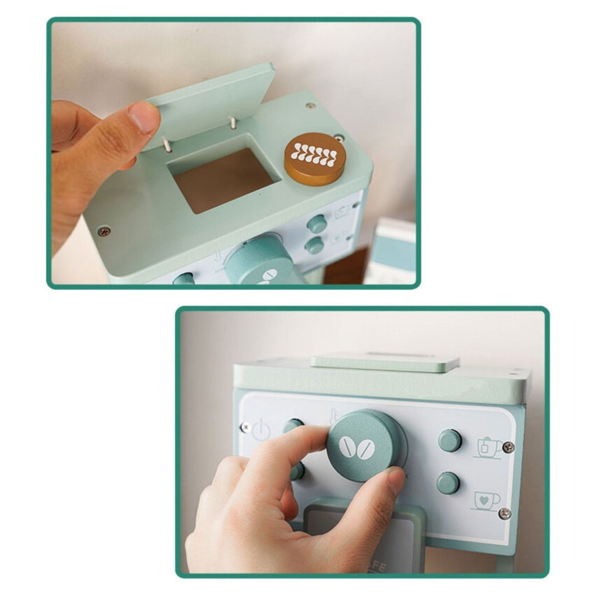 Aparat de Cafea pentru Copii, Flippy, Espressor de Cafea pentru Copii, Jucarie din Lemn, Set Barista din 10 Piese, 15 x 12.2 x 21.5 cm, Verde/Albastru - vivimall.ro