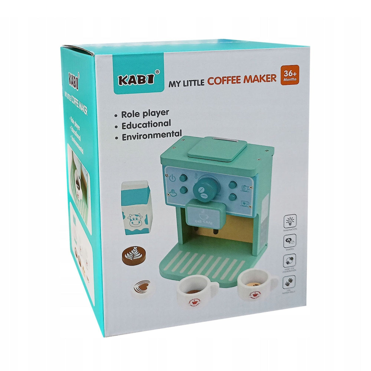 Aparat de Cafea pentru Copii, Flippy, Espressor de Cafea pentru Copii, Jucarie din Lemn, Set Barista din 10 Piese, 15 x 12.2 x 21.5 cm, Verde/Albastru - vivimall.ro