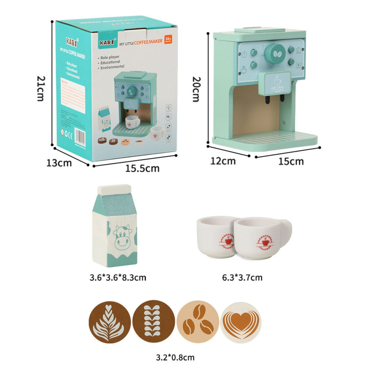 Aparat de Cafea pentru Copii, Flippy, Espressor de Cafea pentru Copii, Jucarie din Lemn, Set Barista din 10 Piese, 15 x 12.2 x 21.5 cm, Verde/Albastru - vivimall.ro