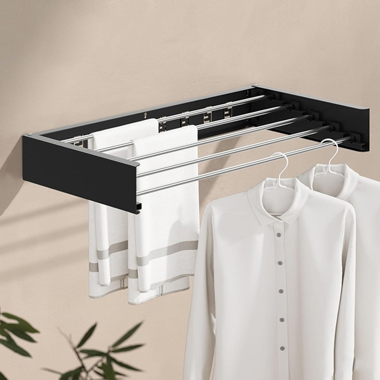 Suport Haine, Vivimall, Depozitare si Uscare Rufe, din Aluminiu, Pliabil, Impermeabil, Montare prin Perforare, 100 cm, Negru - vivimall.ro