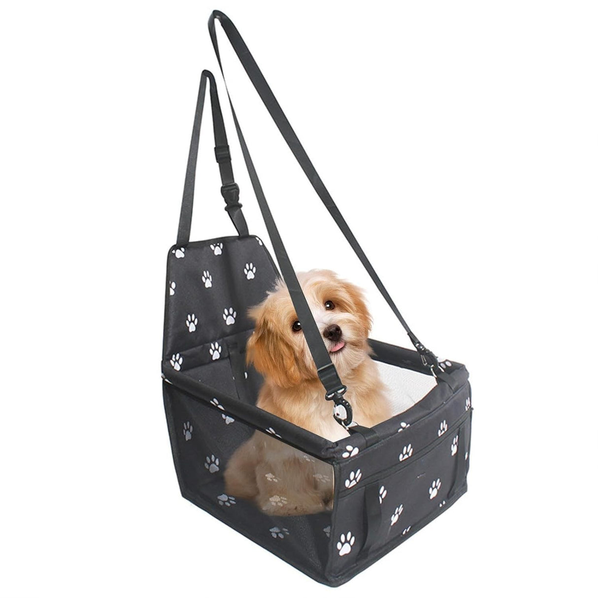 Suport pentru Animalele de Companie, Vivimall, pentru Masina, cu Prindere de Scaun si Centura de Siguranta, Negru cu Imprimeu, 40x32x42cm - vivimall.ro